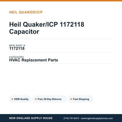 Heil Quaker/ICP 1172118 Capacitor — New England Supply House spec card [NESH-SPEC-CARD-V2]