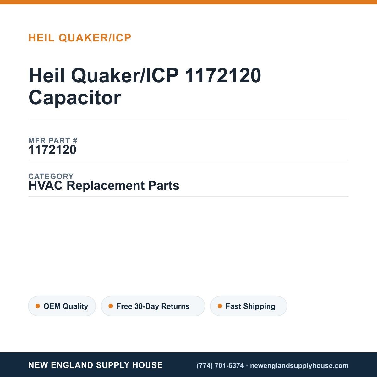 Heil Quaker/ICP 1172120 Capacitor — New England Supply House spec card [NESH-SPEC-CARD-V2]