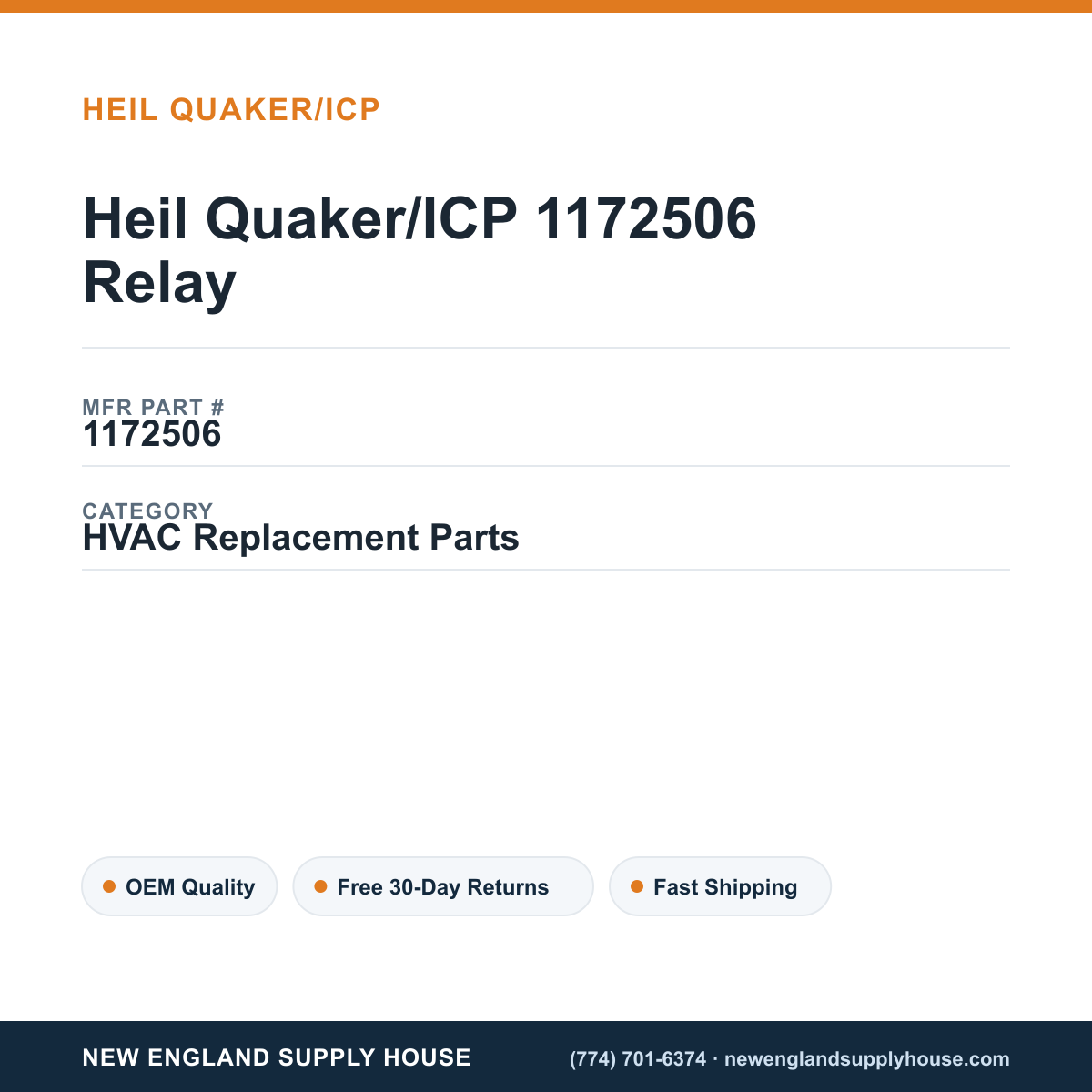 Heil Quaker/ICP 1172506 Relay — New England Supply House spec card [NESH-SPEC-CARD-V2]