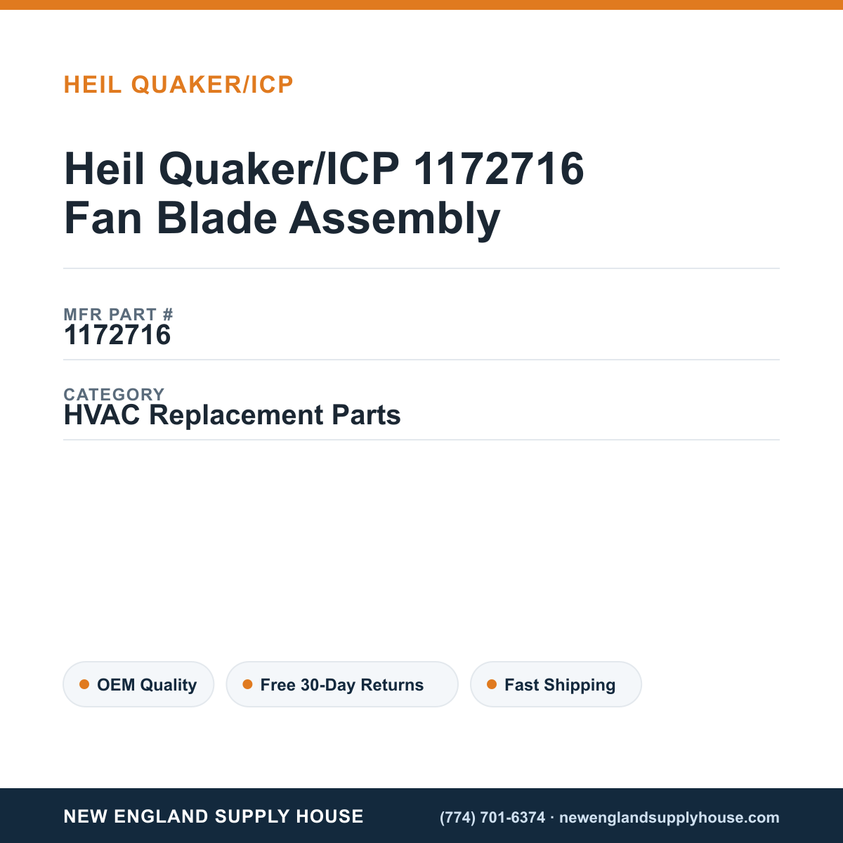Heil Quaker/ICP 1172716 Fan Blade Assembly — New England Supply House spec card [NESH-SPEC-CARD-V2]