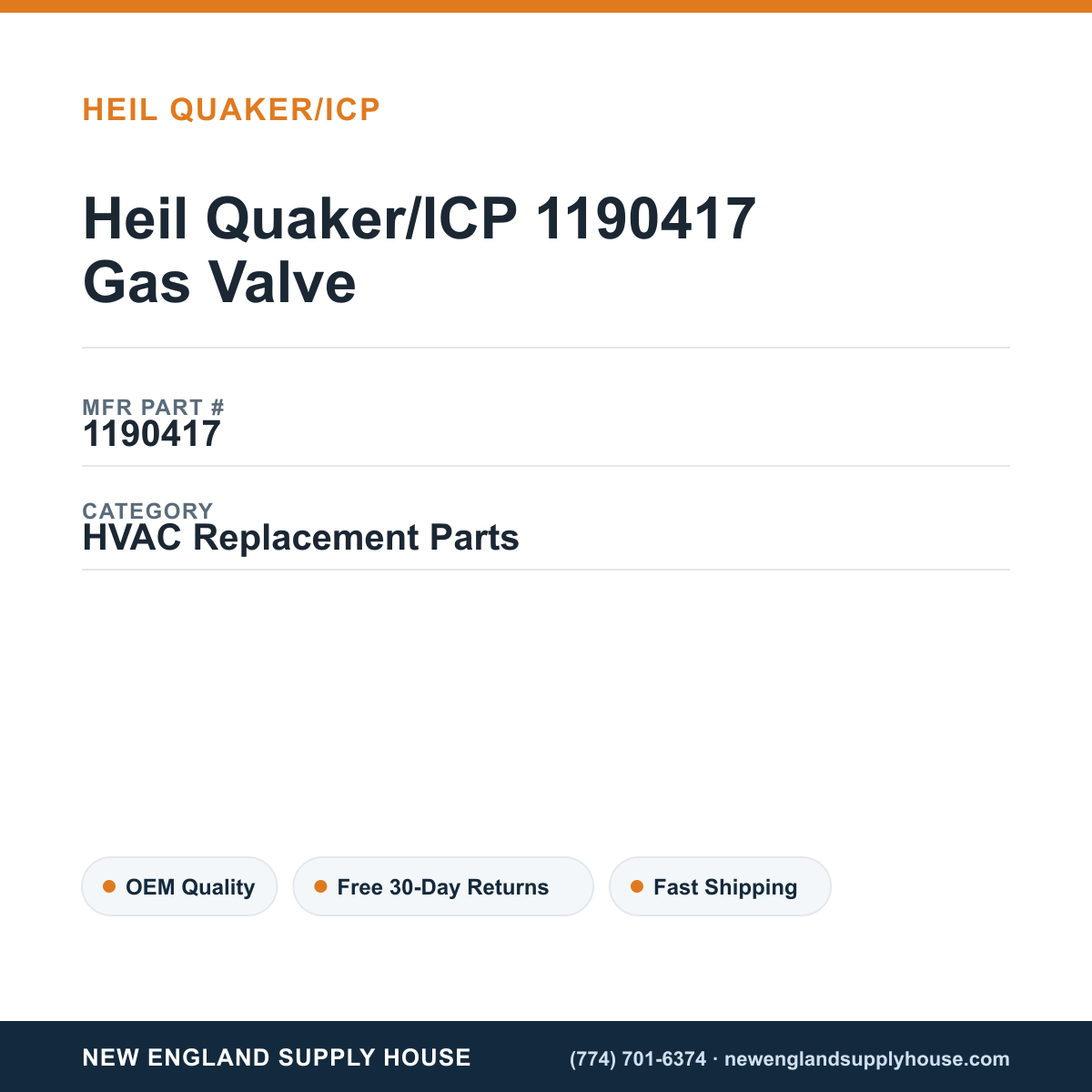 Heil Quaker/ICP 1190417 Gas Valve — New England Supply House spec card [NESH-SPEC-CARD-V2]