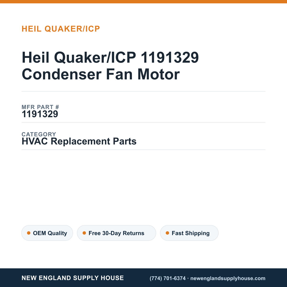 Heil Quaker/ICP 1191329 Condenser Fan Motor — New England Supply House spec card [NESH-SPEC-CARD-V2]