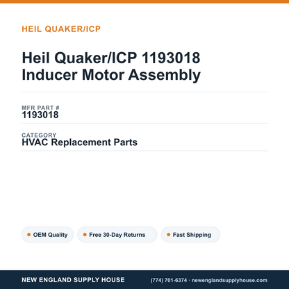Heil Quaker/ICP 1193018 Inducer Motor Assembly — New England Supply House spec card [NESH-SPEC-CARD-V2]