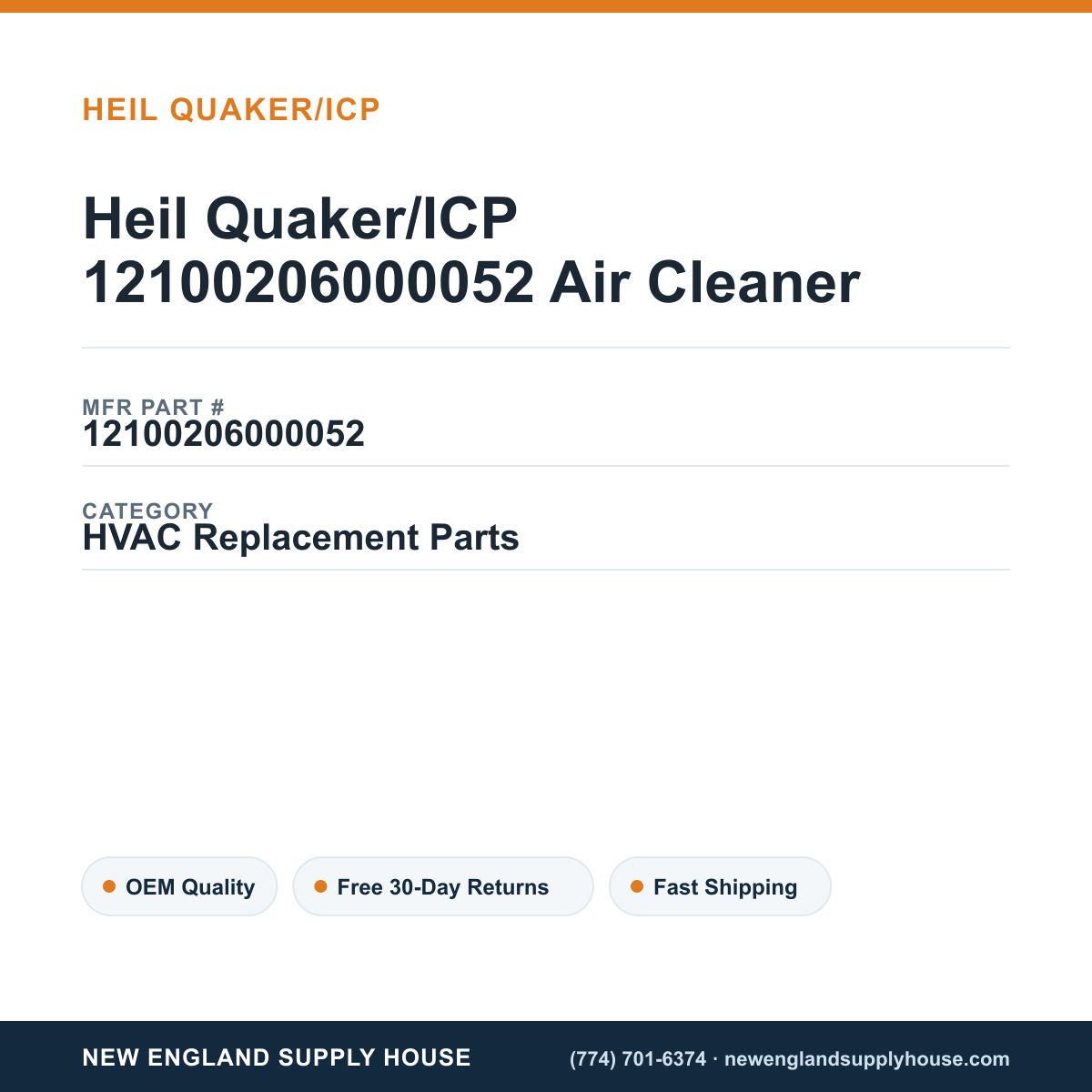 Heil Quaker/ICP 12100206000052 Air Cleaner — New England Supply House spec card [NESH-SPEC-CARD-V2]