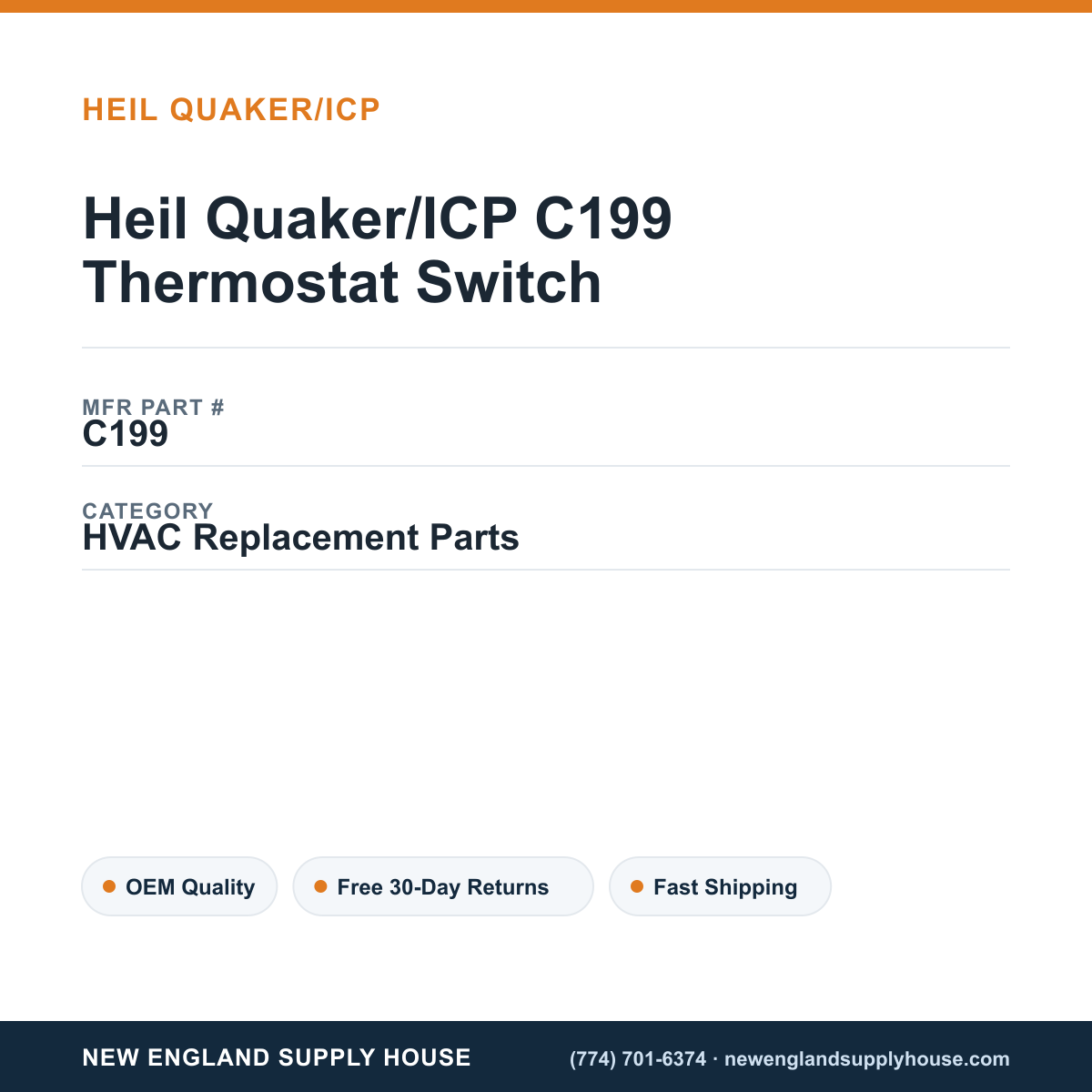 Heil Quaker/ICP C199 Thermostat Switch — New England Supply House spec card [NESH-SPEC-CARD-V2]