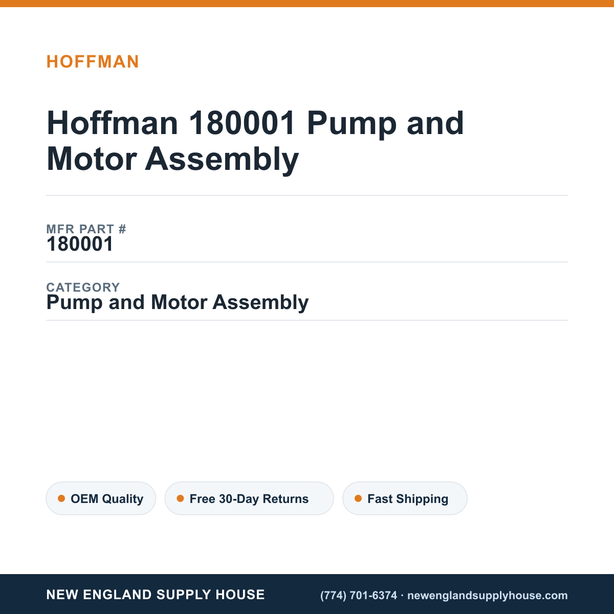 Hoffman 180001 Pump and Motor Assembly — New England Supply House spec card [NESH-SPEC-CARD-V2]