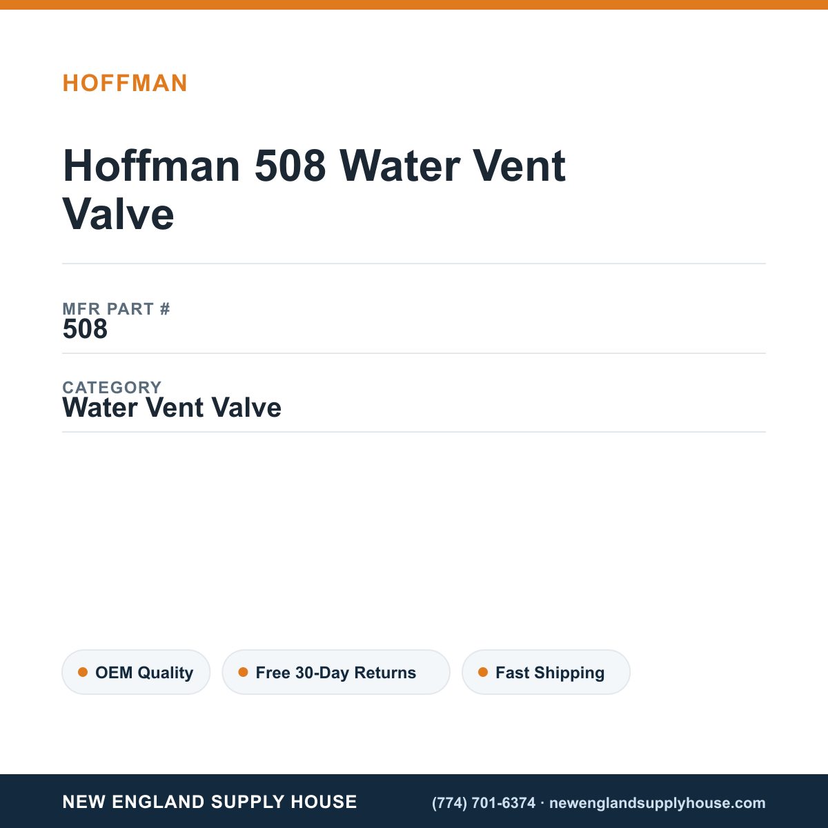 Hoffman 508 Water Vent Valve — New England Supply House spec card [NESH-SPEC-CARD-V2]