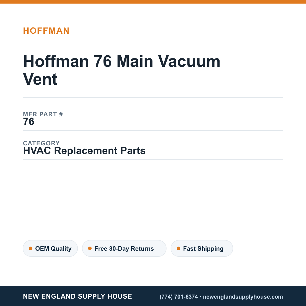 Hoffman 76 Main Vacuum Vent — New England Supply House spec card [NESH-SPEC-CARD-V2]