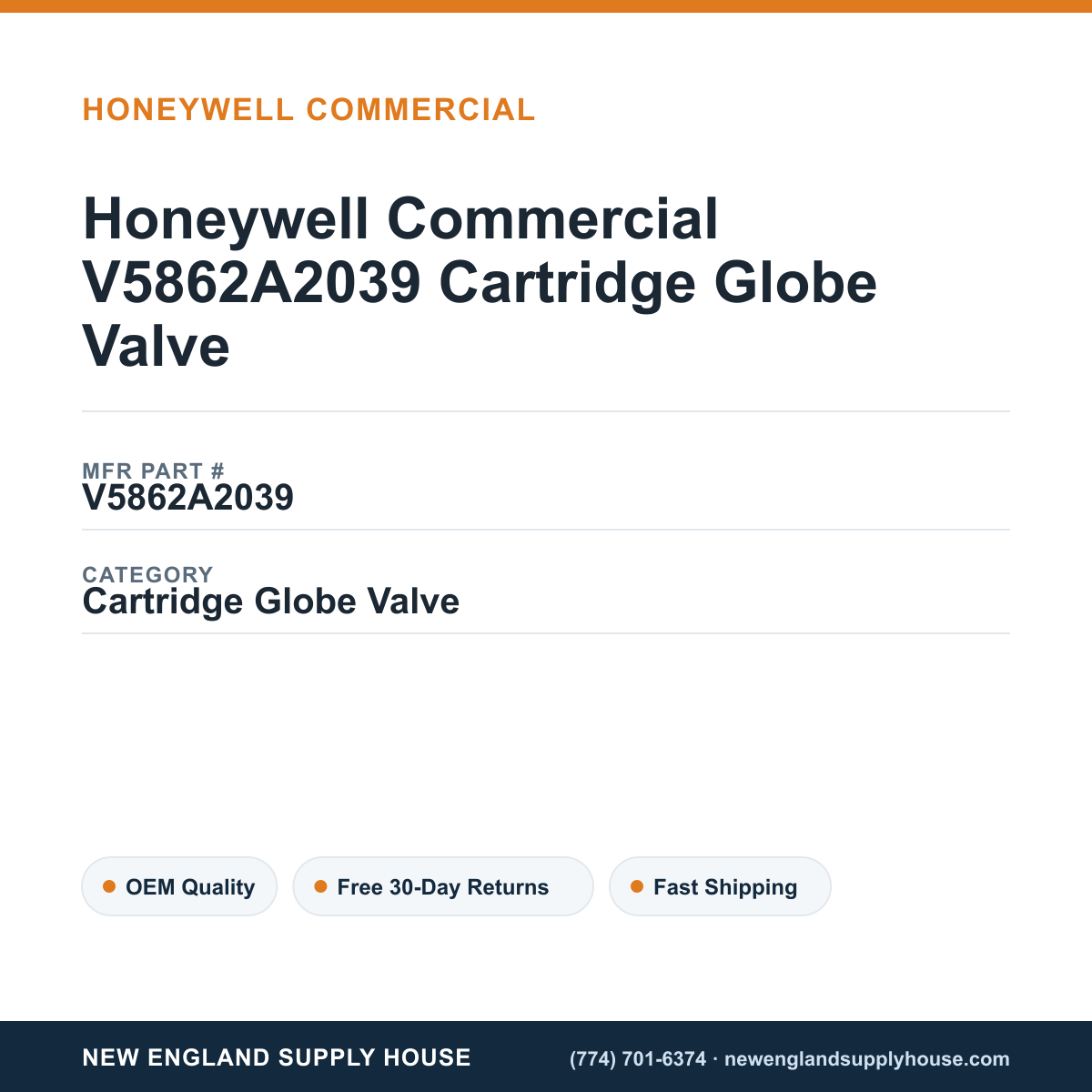 Honeywell Commercial V5862A2039 Cartridge Globe Valve — New England Supply House spec card [NESH-SPEC-CARD-V2]