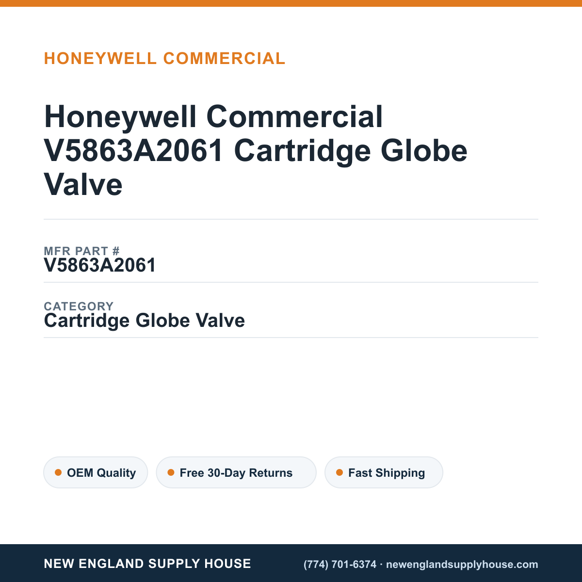 Honeywell Commercial V5863A2061 Cartridge Globe Valve — New England Supply House spec card [NESH-SPEC-CARD-V2]
