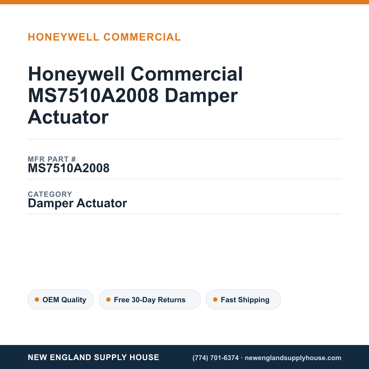 Honeywell Commercial MS7510A2008 Damper Actuator — New England Supply House spec card [NESH-SPEC-CARD-V2]