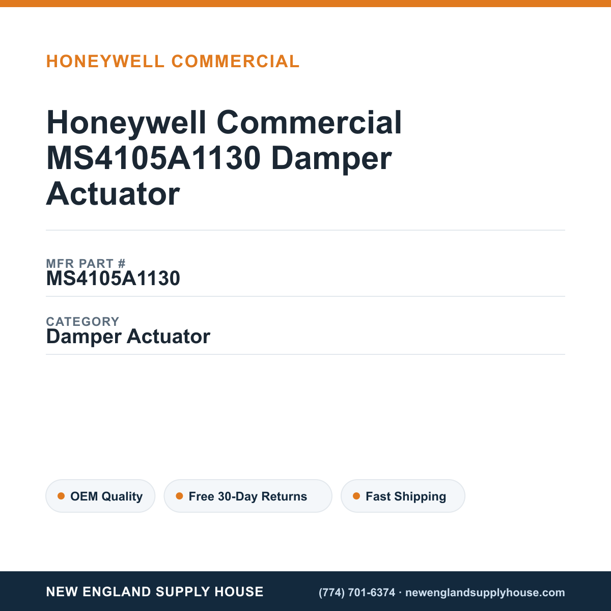 Honeywell Commercial MS4105A1130 Damper Actuator — New England Supply House spec card [NESH-SPEC-CARD-V2]