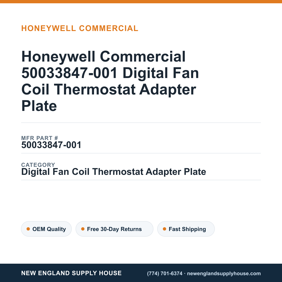 Honeywell Commercial 50033847-001 Digital Fan Coil Thermostat Adapter Plate — New England Supply House spec card [NESH-SPEC-CARD-V2]