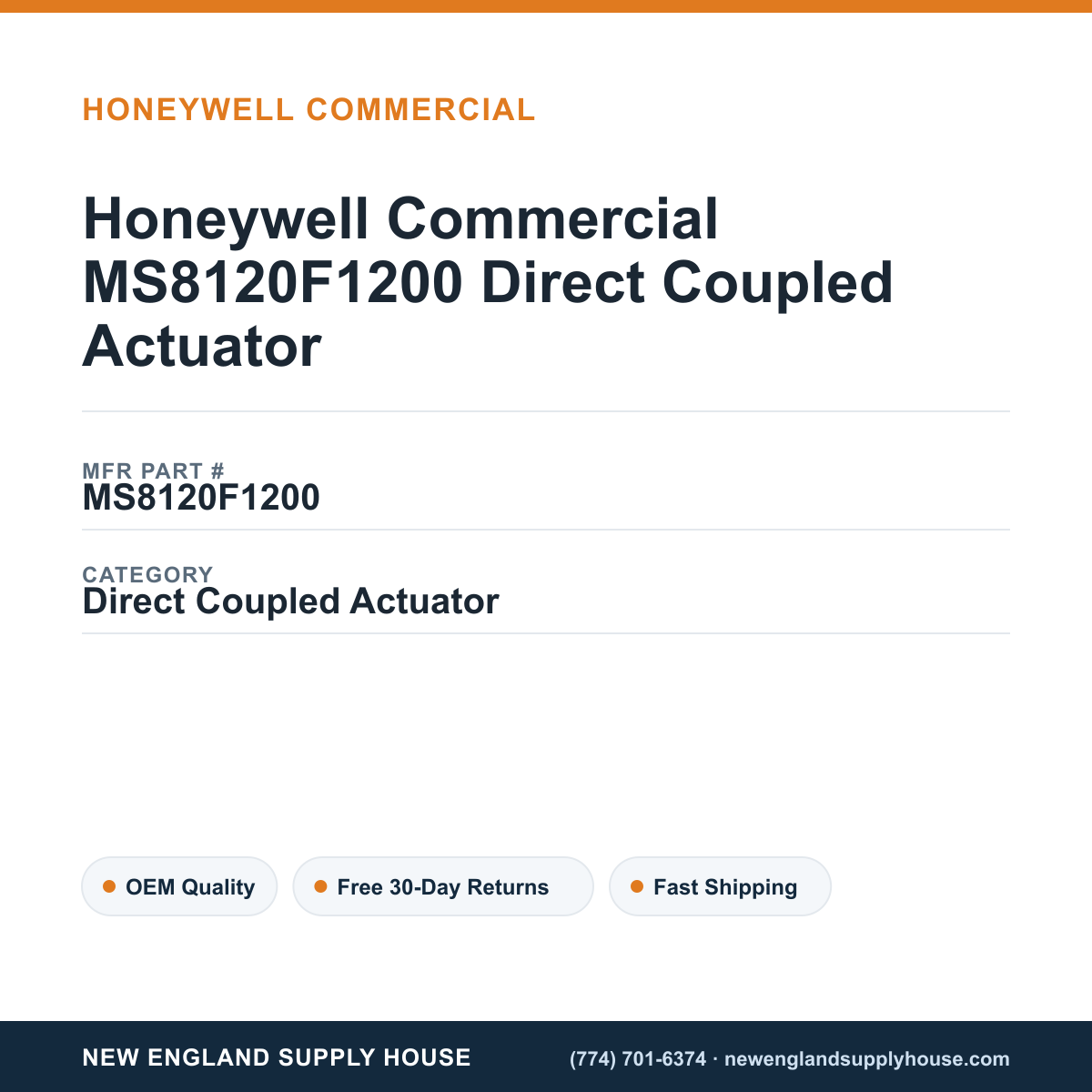 Honeywell Commercial MS8120F1200 Direct Coupled Actuator — New England Supply House spec card [NESH-SPEC-CARD-V2]