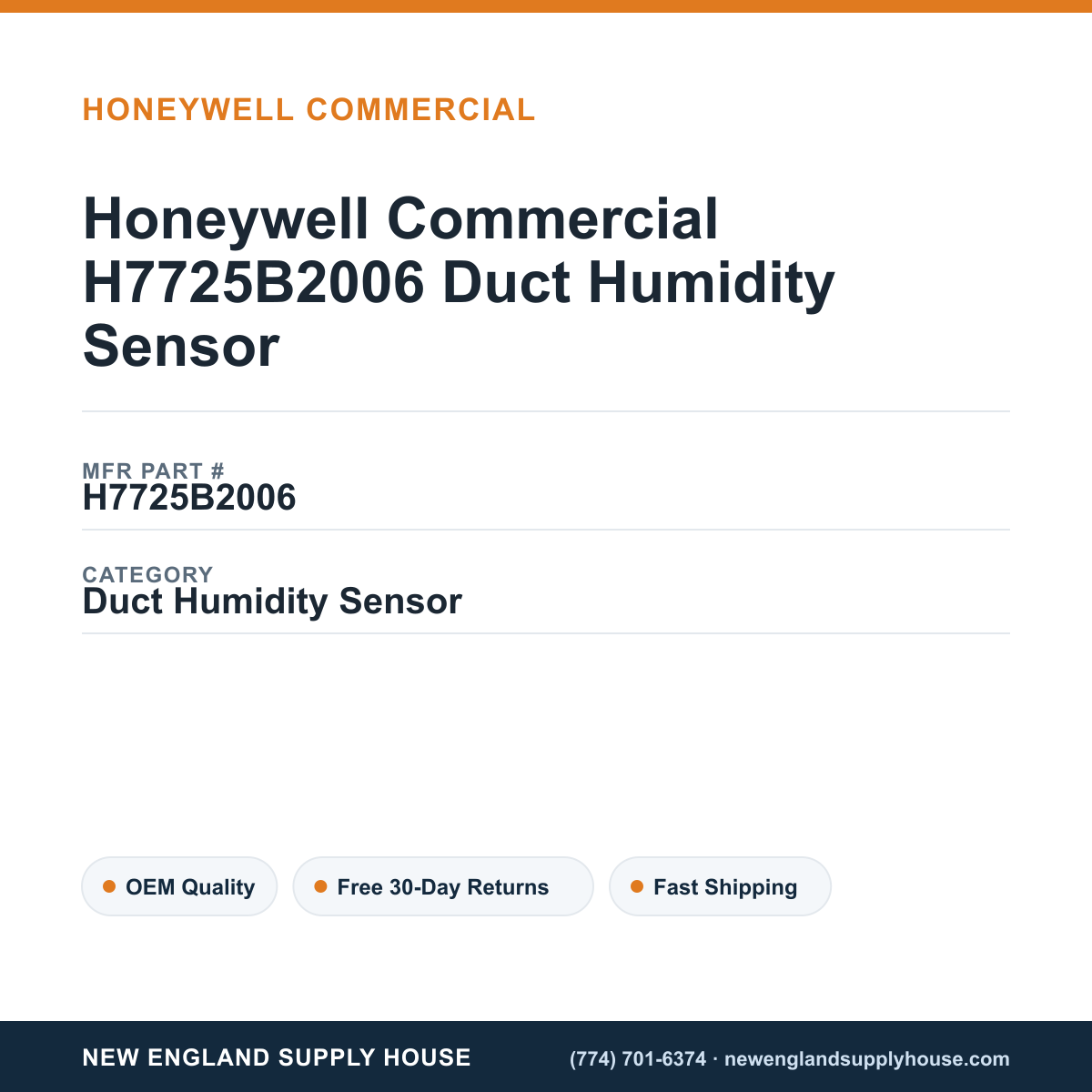 Honeywell Commercial H7725B2006 Duct Humidity Sensor — New England Supply House spec card [NESH-SPEC-CARD-V2]