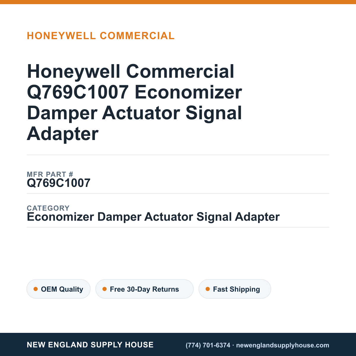 Honeywell Commercial Q769C1007 Economizer Damper Actuator Signal Adapter — New England Supply House spec card [NESH-SPEC-CARD-V2]