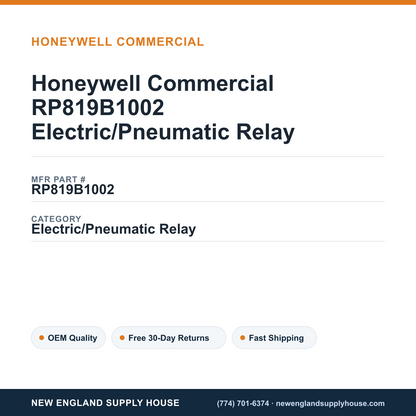 Honeywell Commercial RP819B1002 Electric/Pneumatic Relay — New England Supply House spec card [NESH-SPEC-CARD-V2]