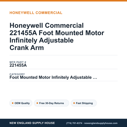 Honeywell Commercial 221455A Foot Mounted Motor Infinitely Adjustable Crank Arm — New England Supply House spec card [NESH-SPEC-CARD-V2]