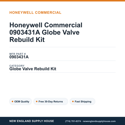 Honeywell Commercial 0903431A Globe Valve Rebuild Kit — New England Supply House spec card [NESH-SPEC-CARD-V2]