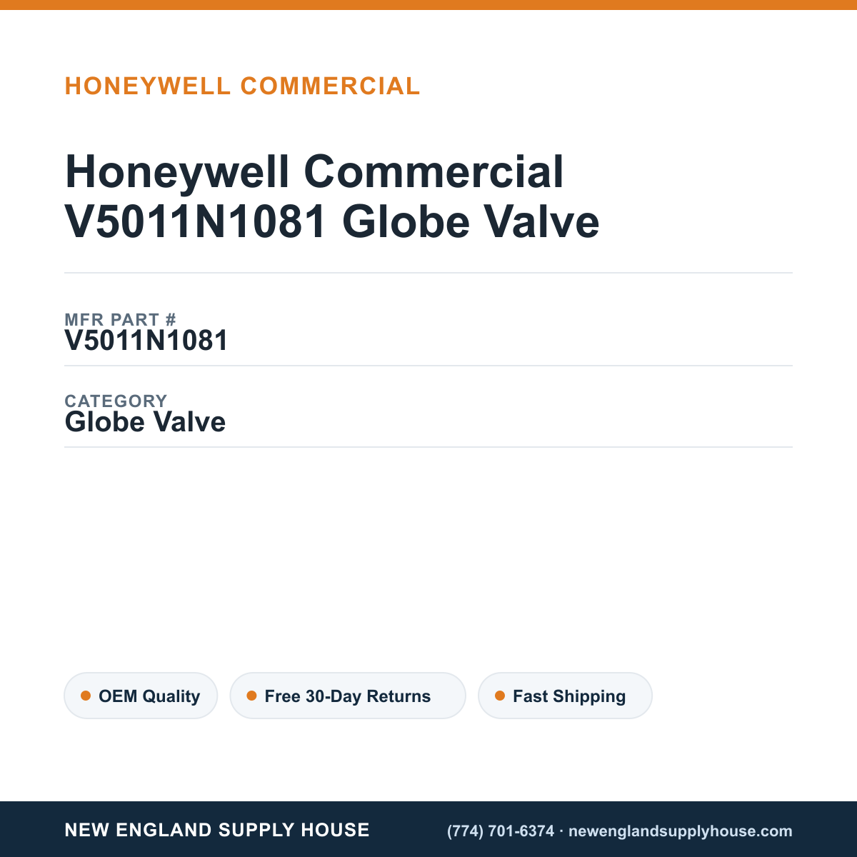 Honeywell Commercial V5011N1081 Globe Valve — New England Supply House spec card [NESH-SPEC-CARD-V2]