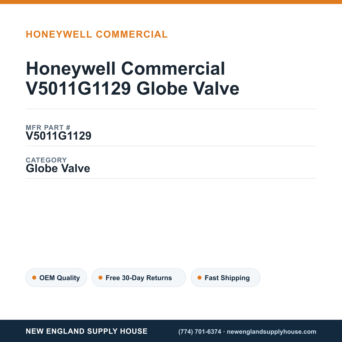 Honeywell Commercial V5011G1129 Globe Valve — New England Supply House spec card [NESH-SPEC-CARD-V2]