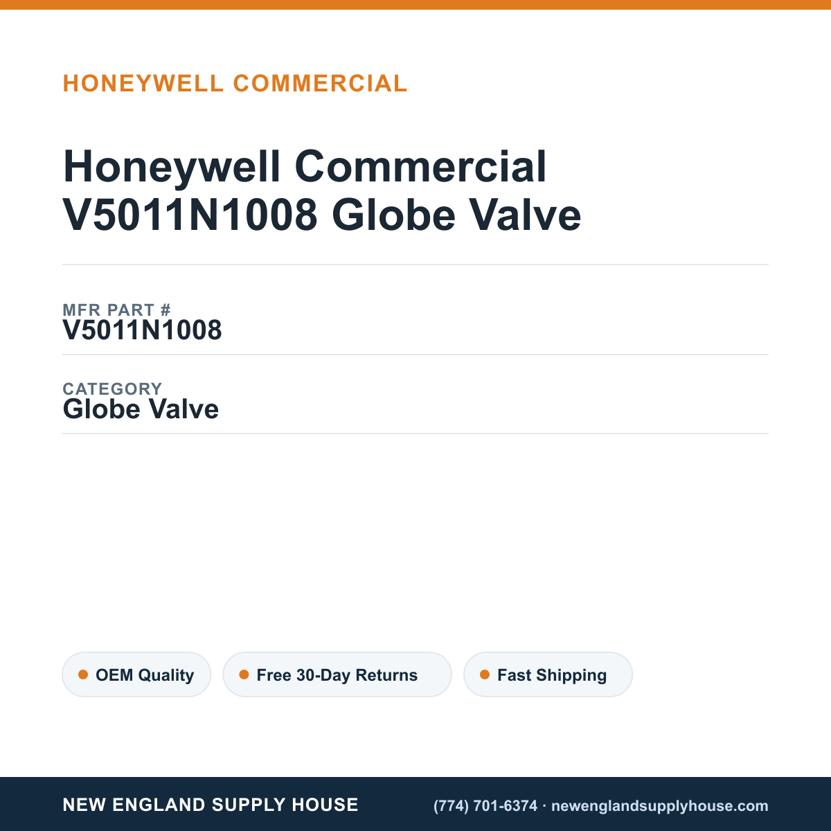 Honeywell Commercial V5011N1008 Globe Valve — New England Supply House spec card [NESH-SPEC-CARD-V2]