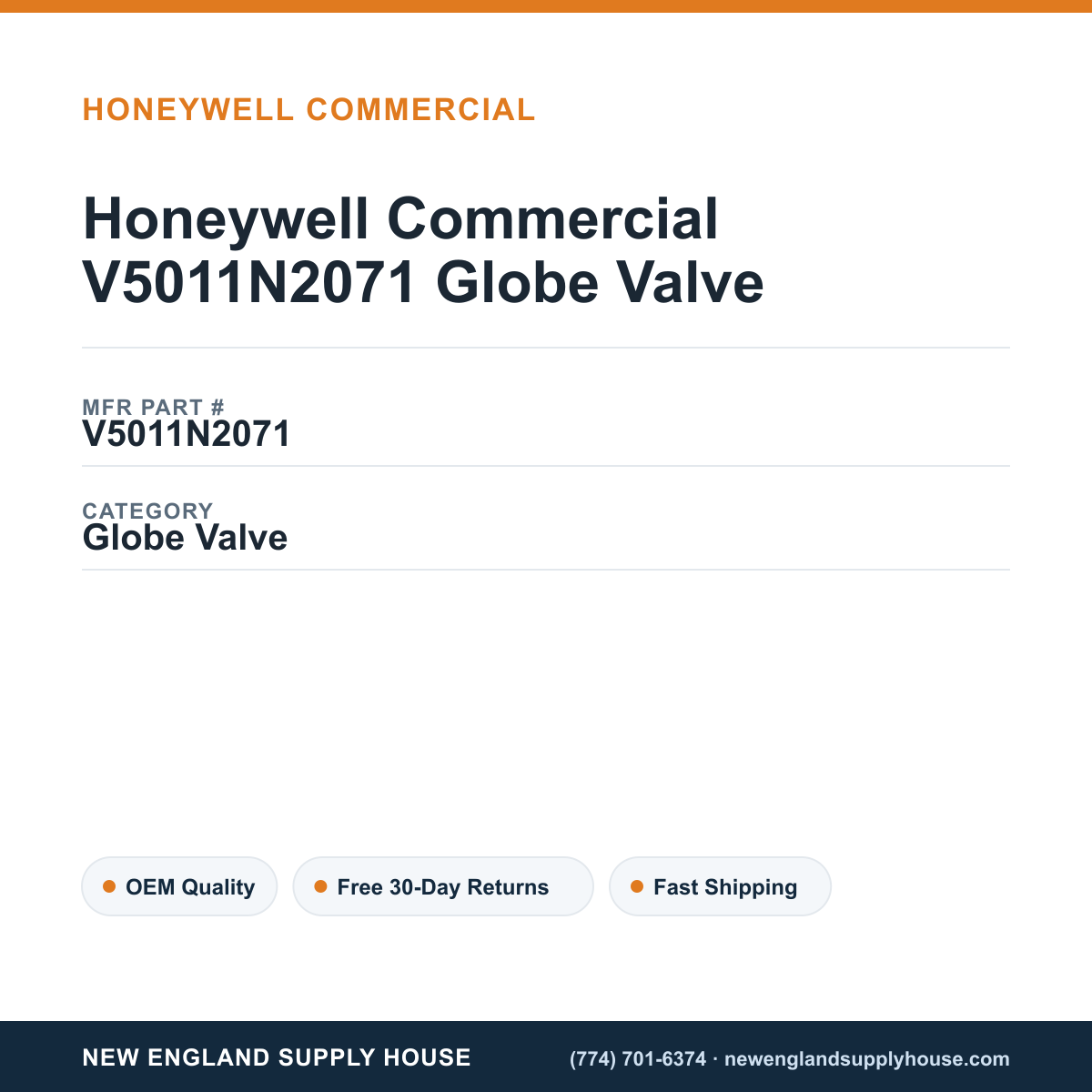 Honeywell Commercial V5011N2071 Globe Valve — New England Supply House spec card [NESH-SPEC-CARD-V2]