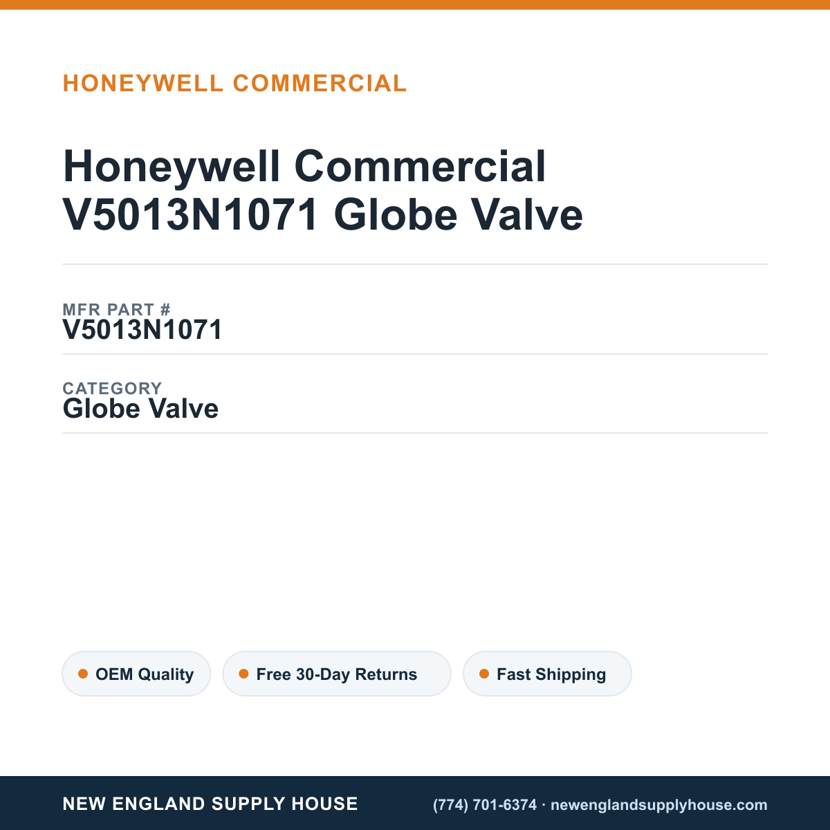 Honeywell Commercial V5013N1071 Globe Valve — New England Supply House spec card [NESH-SPEC-CARD-V2]
