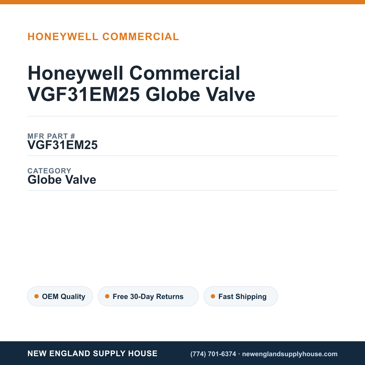Honeywell Commercial VGF31EM25 Globe Valve — New England Supply House spec card [NESH-SPEC-CARD-V2]