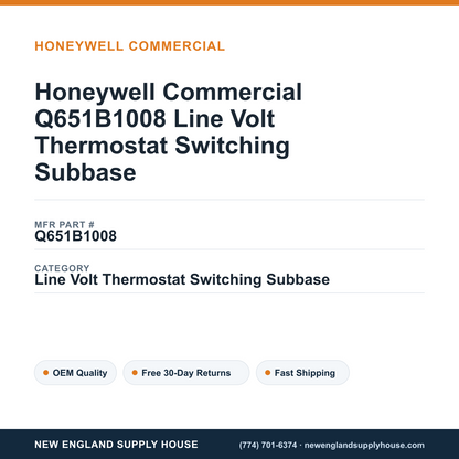 Honeywell Commercial Q651B1008 Line Volt Thermostat Switching Subbase — New England Supply House spec card [NESH-SPEC-CARD-V2]