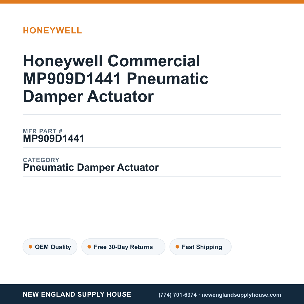 Honeywell Commercial MP909D1441 Pneumatic Damper Actuator — New England Supply House spec card [NESH-SPEC-CARD-V2]