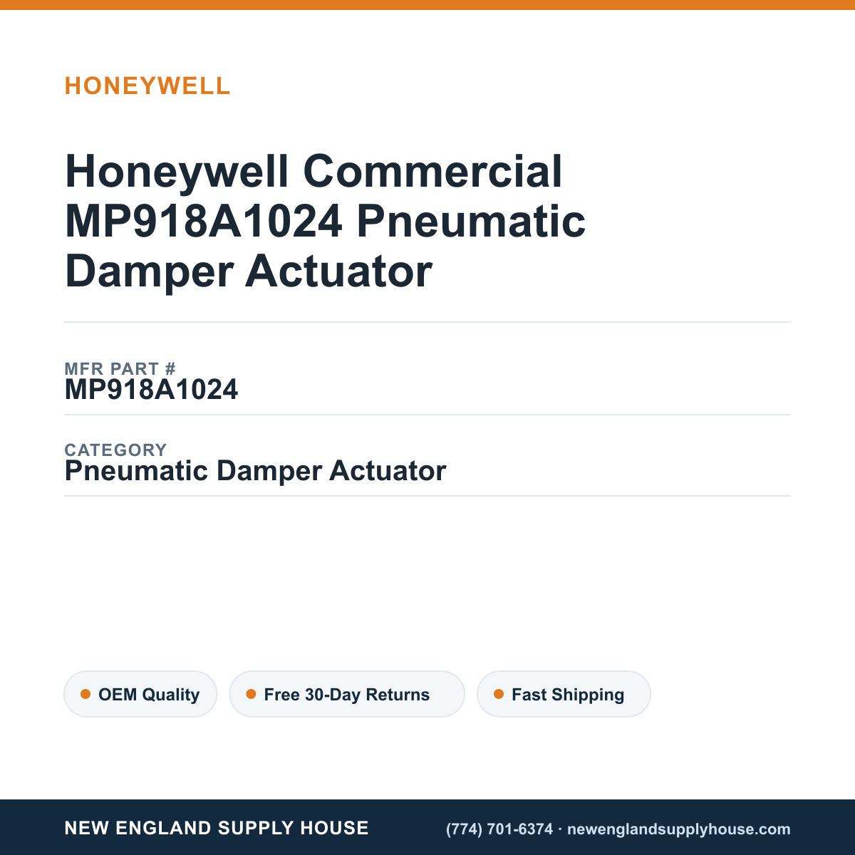 Honeywell Commercial MP918A1024 Pneumatic Damper Actuator — New England Supply House spec card [NESH-SPEC-CARD-V2]