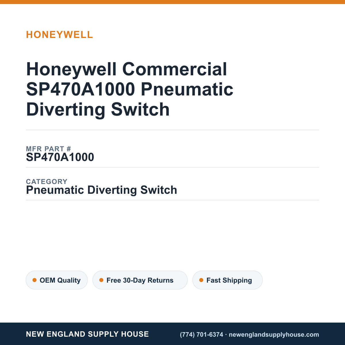 Honeywell Commercial SP470A1000 Pneumatic Diverting Switch — New England Supply House spec card [NESH-SPEC-CARD-V2]