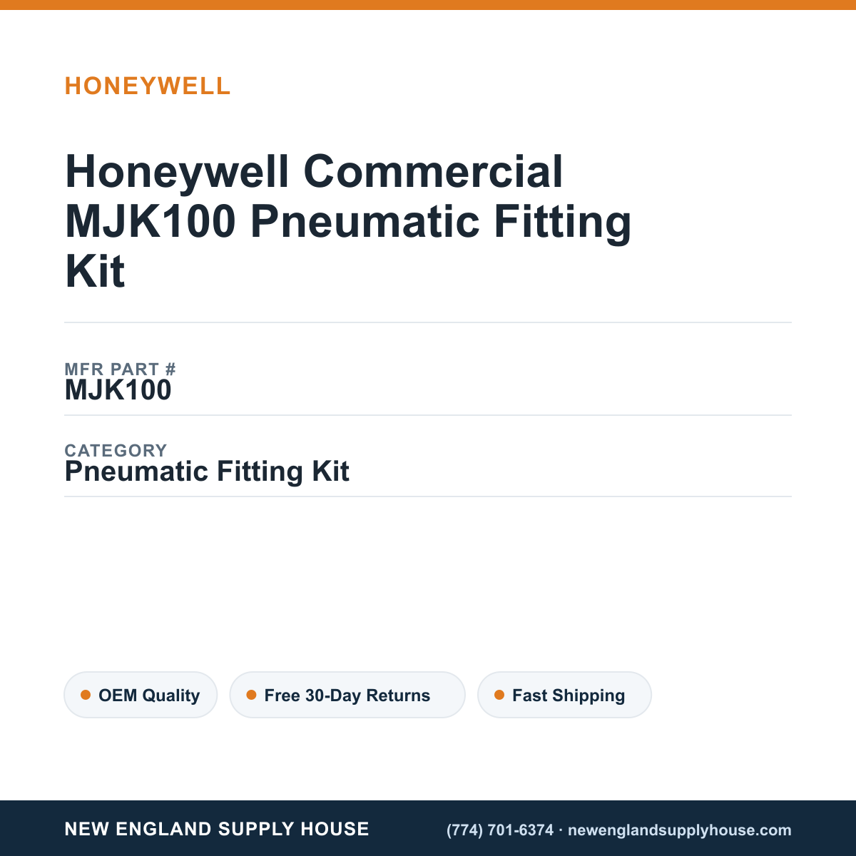 Honeywell Commercial MJK100 Pneumatic Fitting Kit — New England Supply House spec card [NESH-SPEC-CARD-V2]