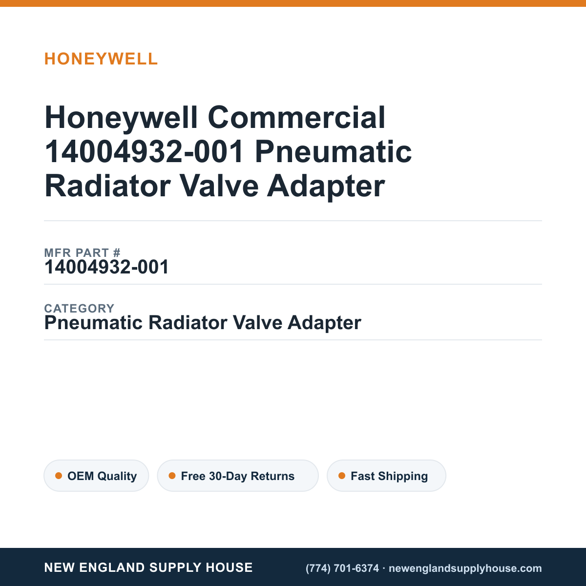 Honeywell Commercial 14004932-001 Pneumatic Radiator Valve Adapter — New England Supply House spec card [NESH-SPEC-CARD-V2]