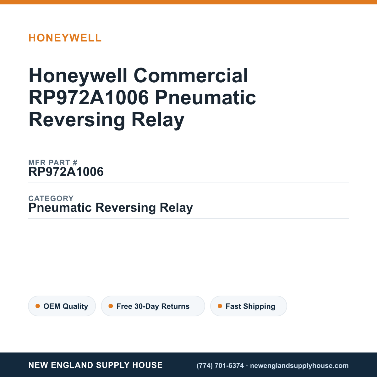 Honeywell Commercial RP972A1006 Pneumatic Reversing Relay — New England Supply House spec card [NESH-SPEC-CARD-V2]