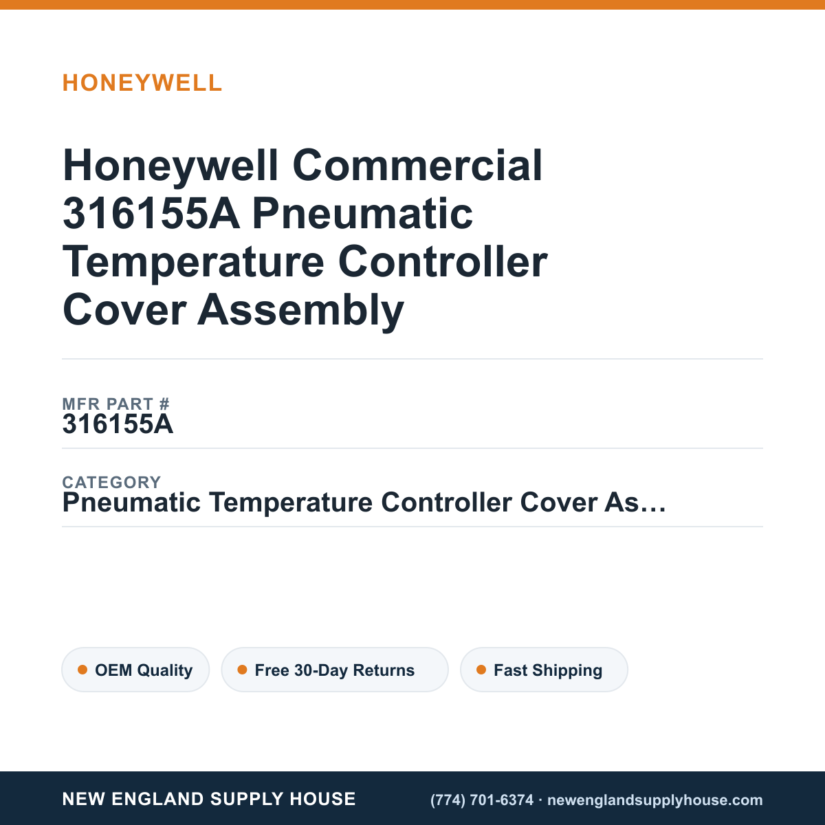 Honeywell Commercial 316155A Pneumatic Temperature Controller Cover Assembly — New England Supply House spec card [NESH-SPEC-CARD-V2]