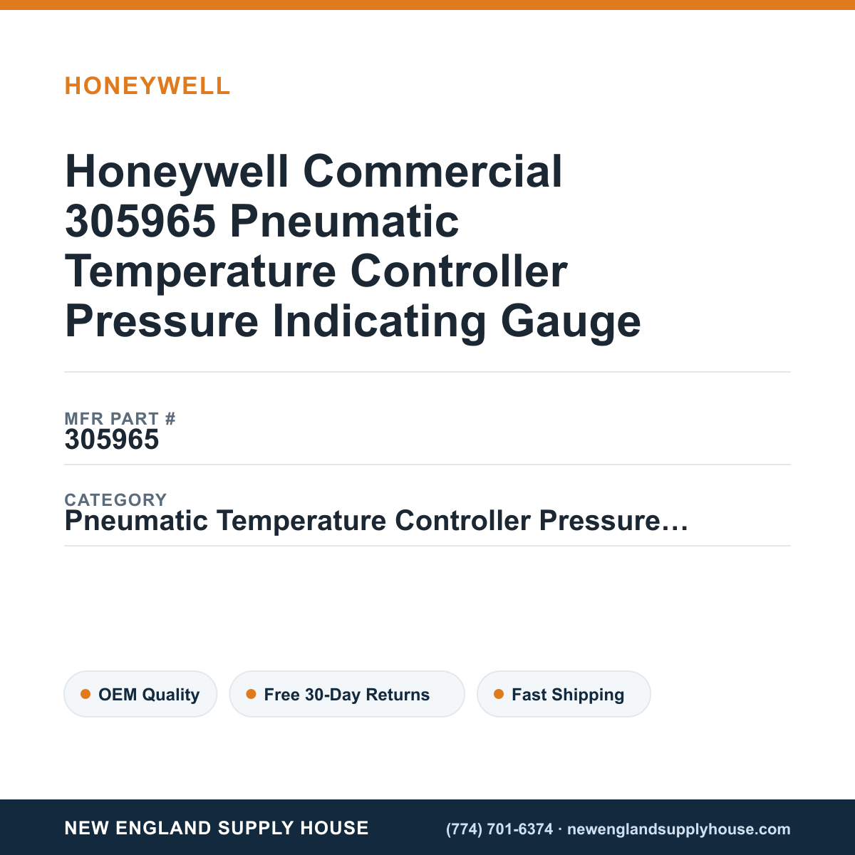 Honeywell Commercial 305965 Pneumatic Temperature Controller Pressure Indicating Gauge — New England Supply House spec card [NESH-SPEC-CARD-V2]