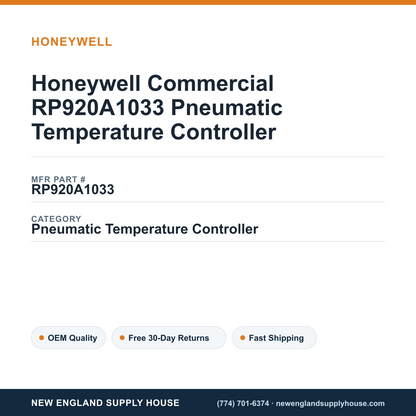 Honeywell Commercial RP920A1033 Pneumatic Temperature Controller — New England Supply House spec card [NESH-SPEC-CARD-V2]