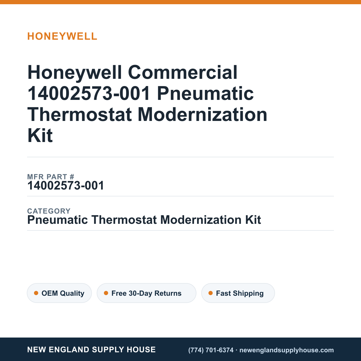 Honeywell Commercial 14002573-001 Pneumatic Thermostat Modernization Kit — New England Supply House spec card [NESH-SPEC-CARD-V2]