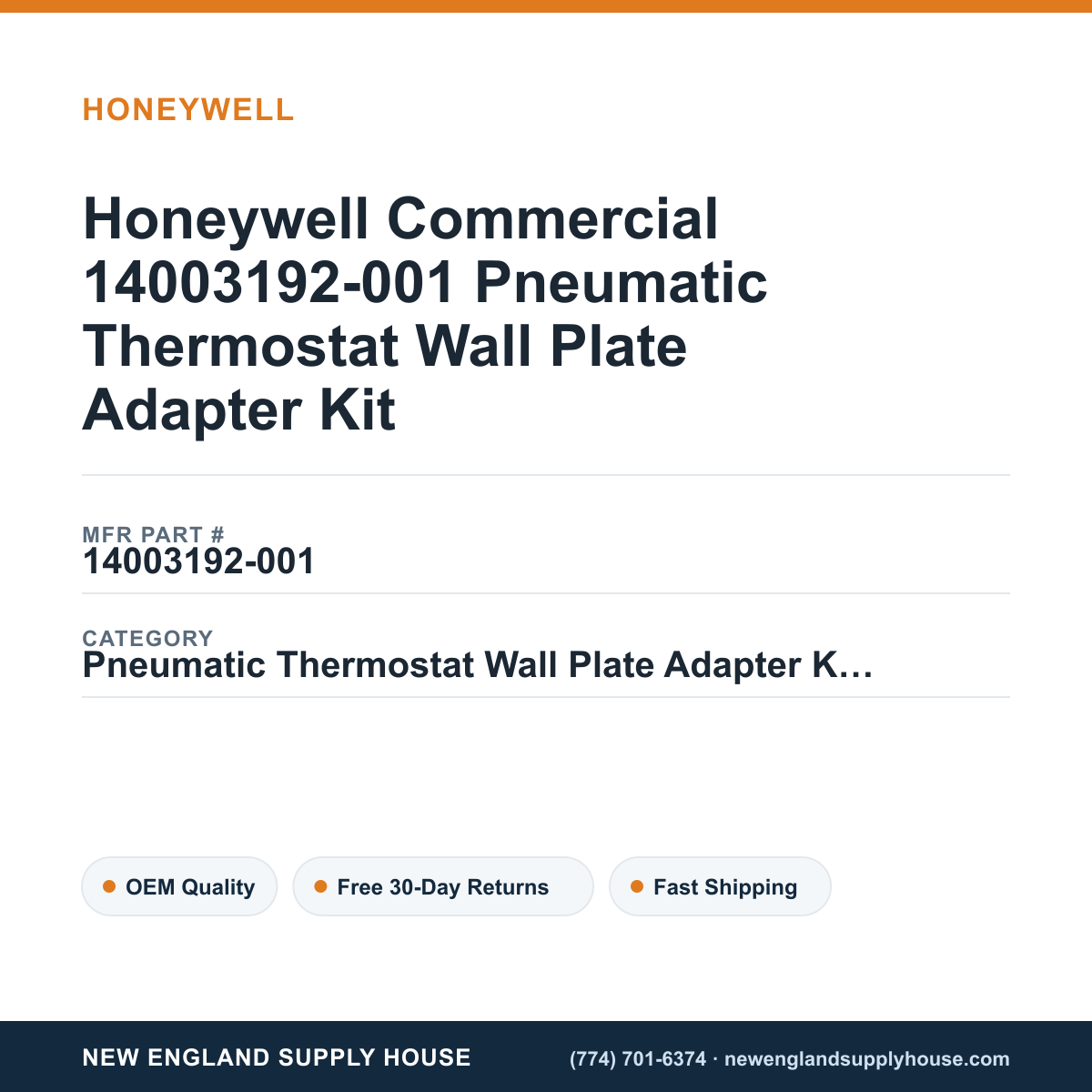 Honeywell Commercial 14003192-001 Pneumatic Thermostat Wall Plate Adapter Kit — New England Supply House spec card [NESH-SPEC-CARD-V2]