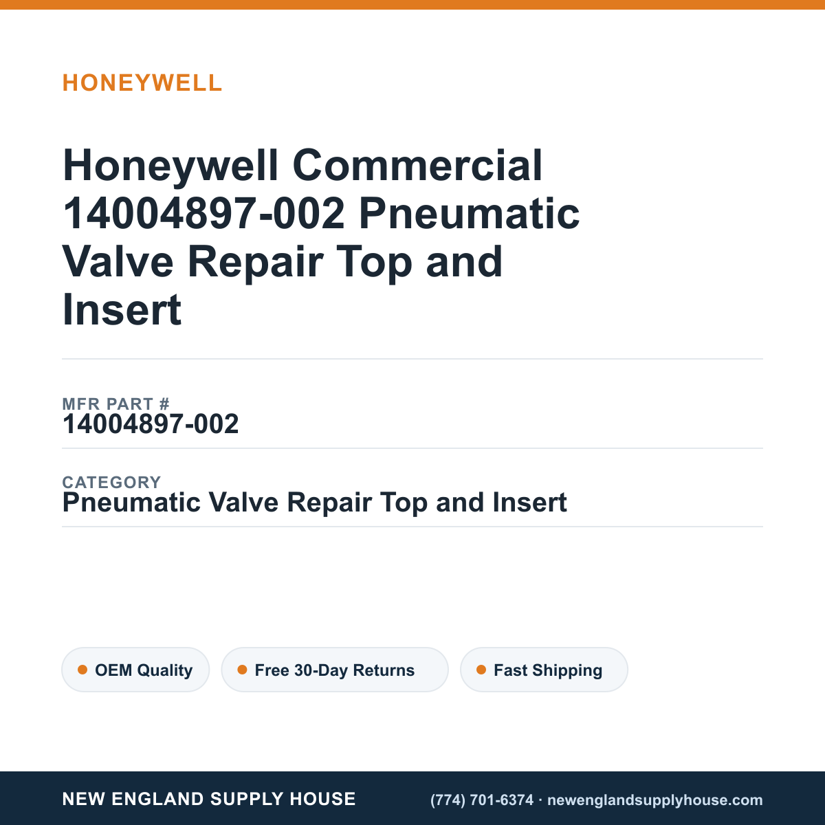 Honeywell Commercial 14004897-002 Pneumatic Valve Repair Top and Insert — New England Supply House spec card [NESH-SPEC-CARD-V2]