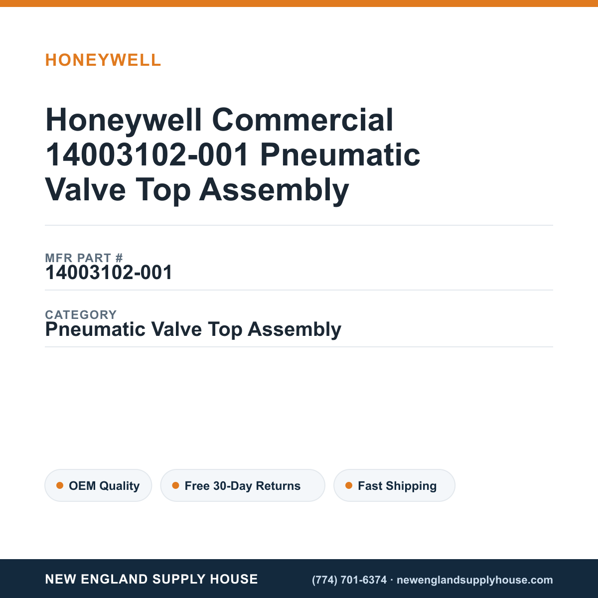 Honeywell Commercial 14003102-001 Pneumatic Valve Top Assembly — New England Supply House spec card [NESH-SPEC-CARD-V2]
