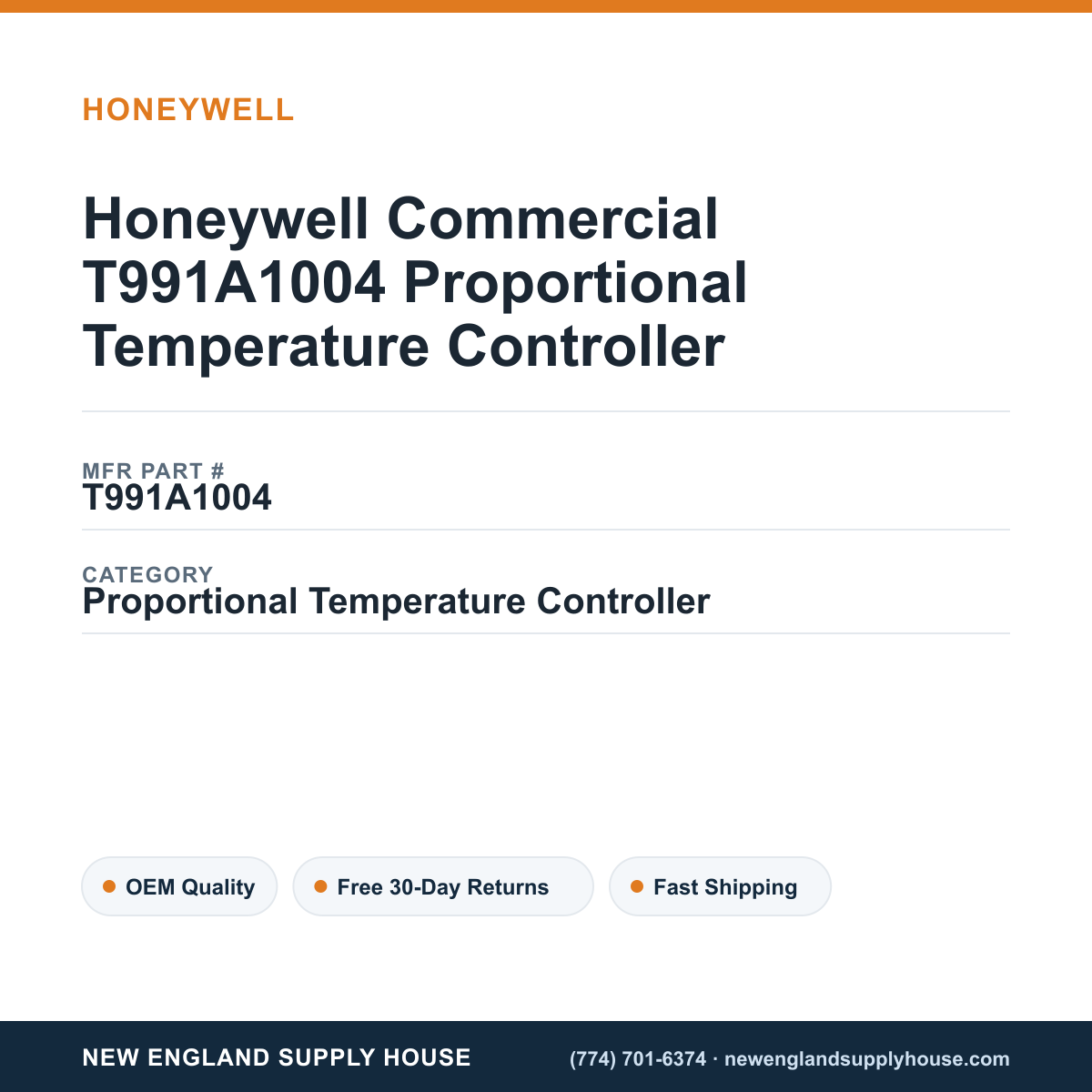 Honeywell Commercial T991A1004 Proportional Temperature Controller — New England Supply House spec card [NESH-SPEC-CARD-V2]