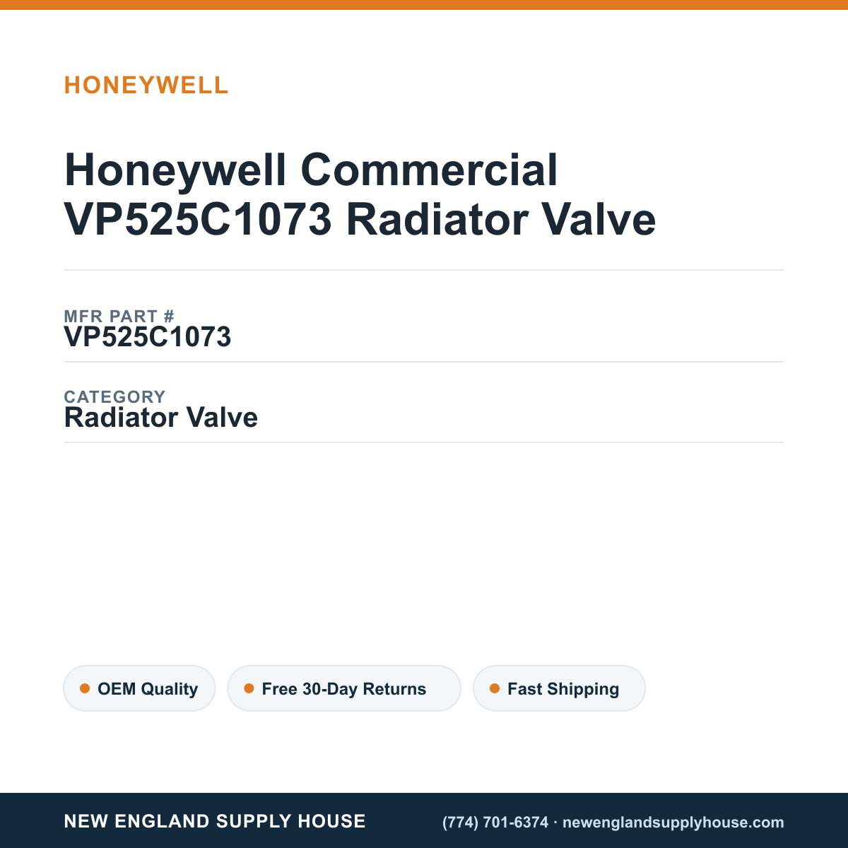 Honeywell Commercial VP525C1073 Radiator Valve — New England Supply House spec card [NESH-SPEC-CARD-V2]