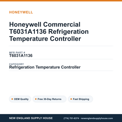 Honeywell Commercial T6031A1136 Refrigeration Temperature Controller — New England Supply House spec card [NESH-SPEC-CARD-V2]