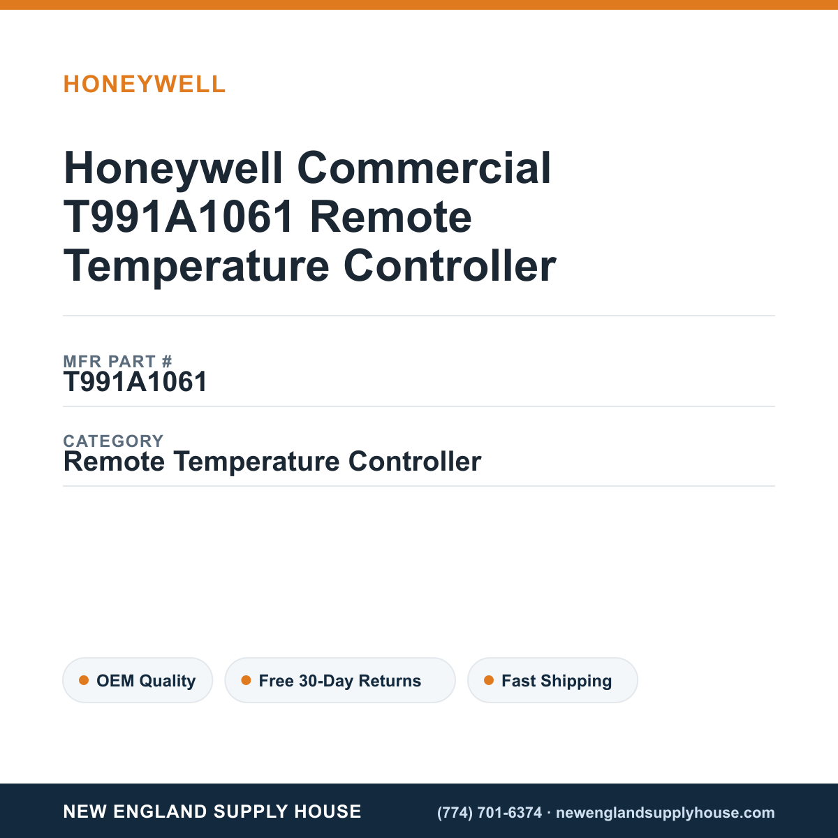 Honeywell Commercial T991A1061 Remote Temperature Controller — New England Supply House spec card [NESH-SPEC-CARD-V2]