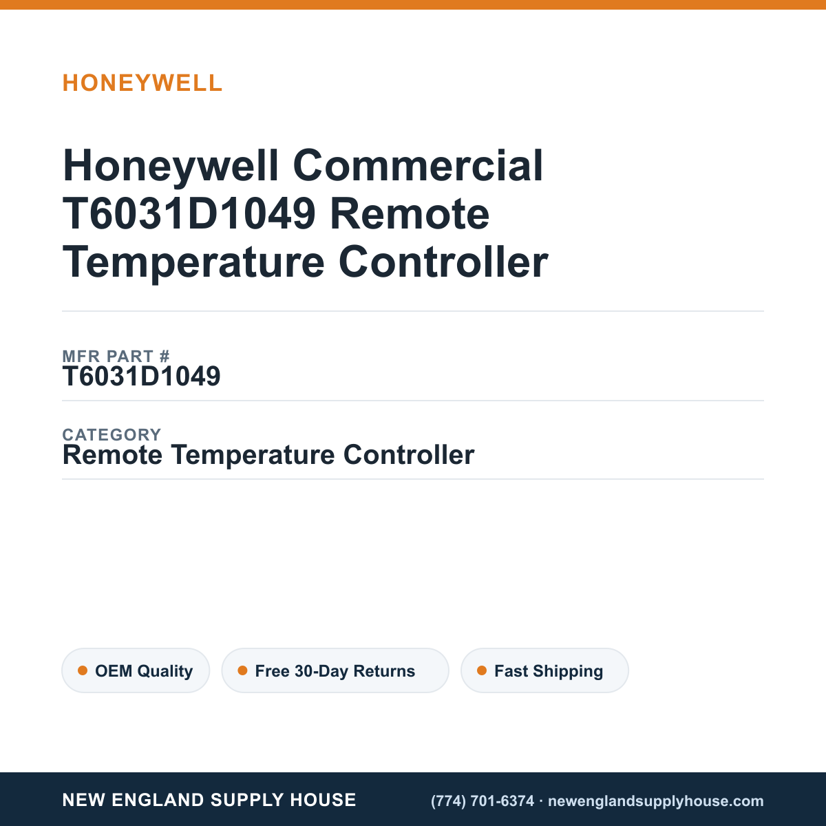 Honeywell Commercial T6031D1049 Remote Temperature Controller — New England Supply House spec card [NESH-SPEC-CARD-V2]