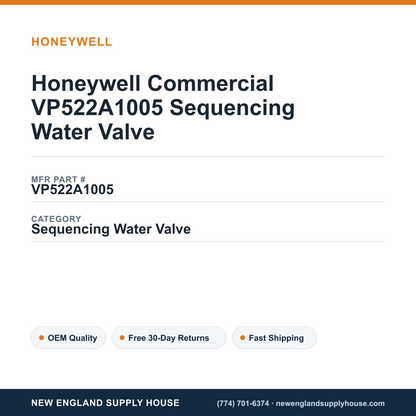 Honeywell Commercial VP522A1005 Sequencing Water Valve — New England Supply House spec card [NESH-SPEC-CARD-V2]