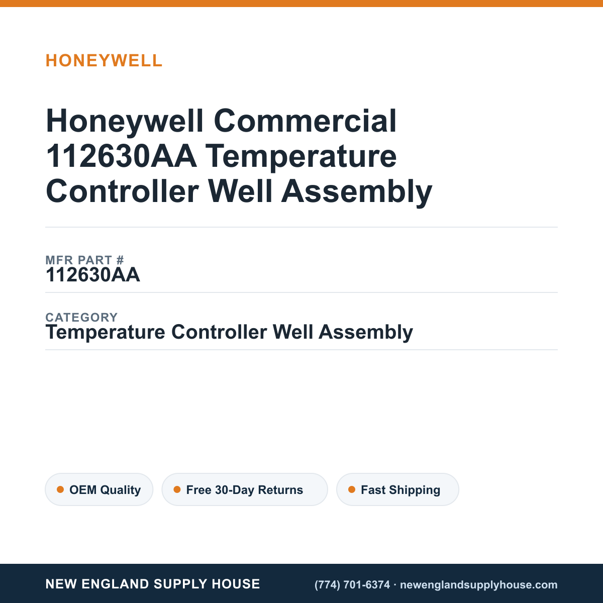 Honeywell Commercial 112630AA Temperature Controller Well Assembly — New England Supply House spec card [NESH-SPEC-CARD-V2]
